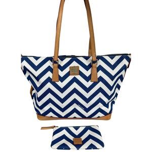 Dooney & Bourke Navy Chevron Tote w/ Pouch Canvas Leather Trim NWT Excellent
